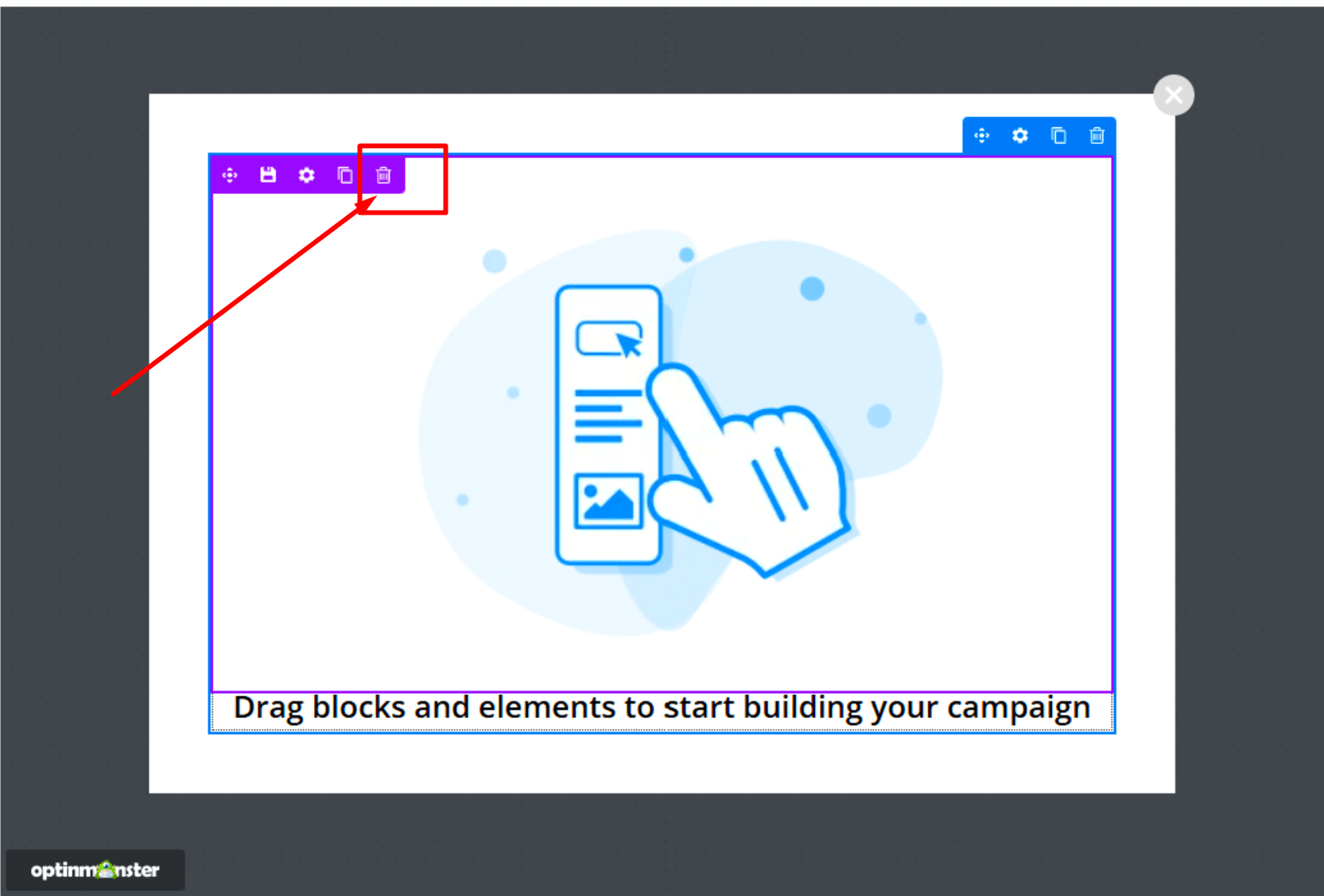 Hovering over the image block reveals a trash can icon for deletion.