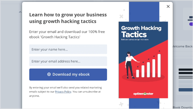 Popup campaign that says "Enter youremail and download our 100% free ebook 'Growth HackingTactics.'" Then there are fields for Name and Email Address, and a CTA button that says "Download my ebook" 