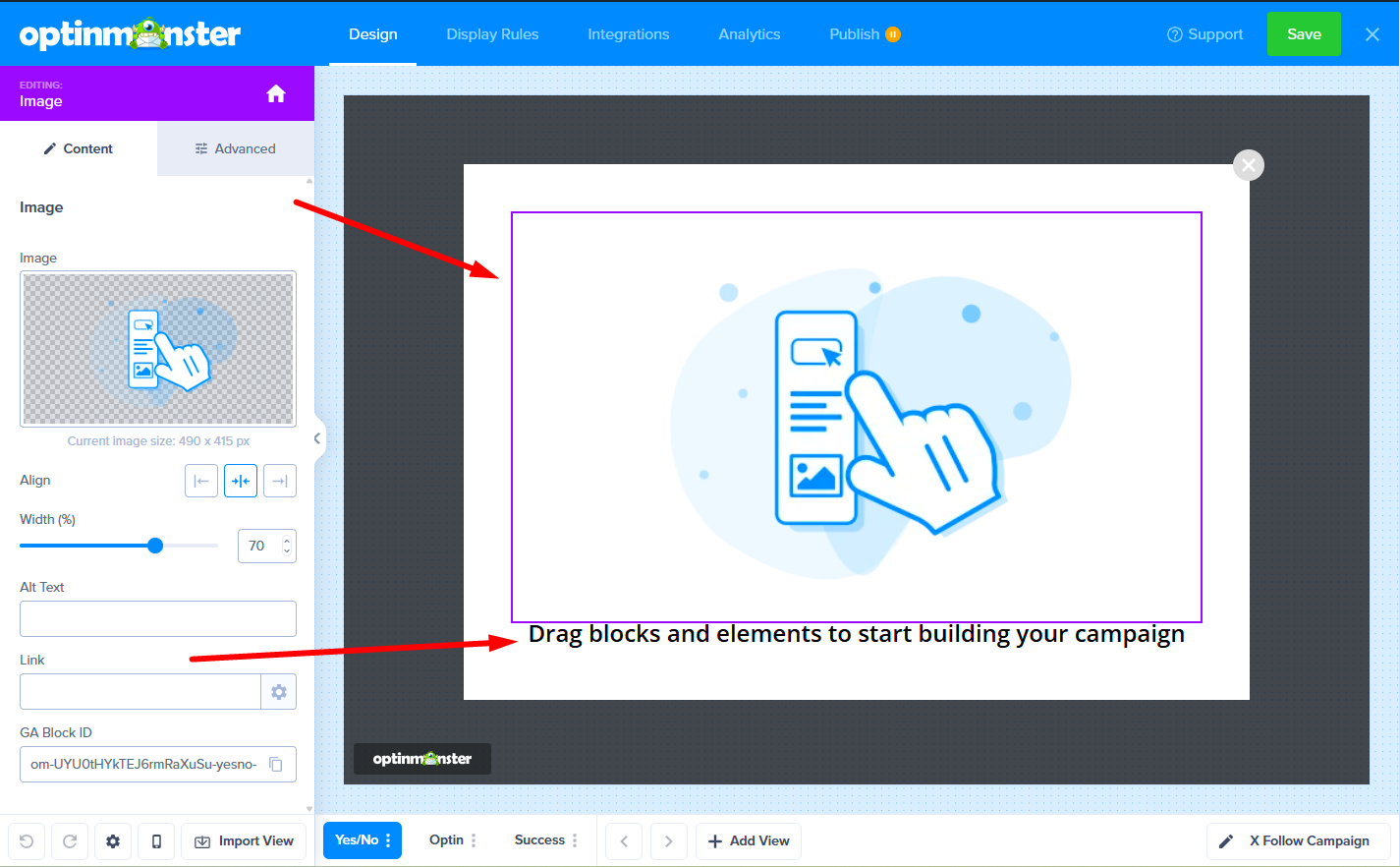 A new Canvas campaign showing the default image and text blocks