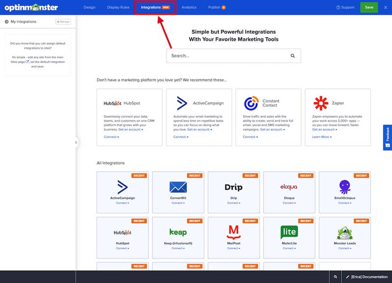 Integrations view of the OptinMonster campaign builder.