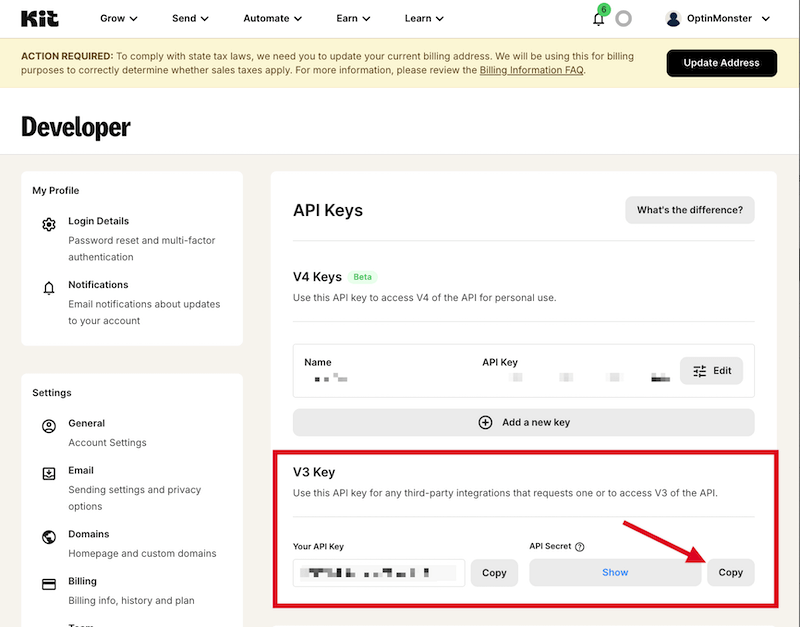 Copy your v3 API Key from Kit to connect with OptinMonster.