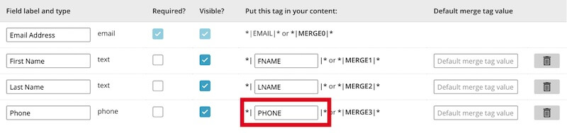 Mailchimp phone field merge tag settings.