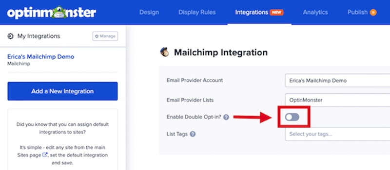 Enable single opt-in for Mailchimp in OptinMonster.
