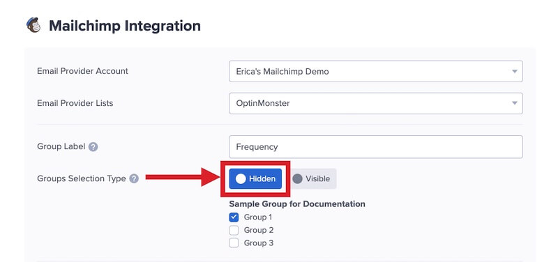 Toggle the Hidden option to assign leads automatically to specific Group(s) in Mailchimp.