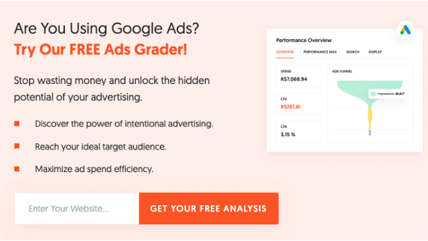 Neil Patel's signup form offering a lead magnet of a Free Google Ads Grader in exchange for signing up for his email list.