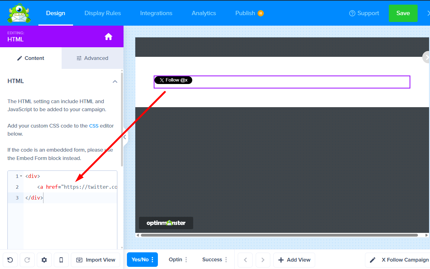 Pasting the X embed code into the HTML block's settings panel.