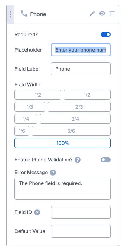 Phone field options in OptinMonster.