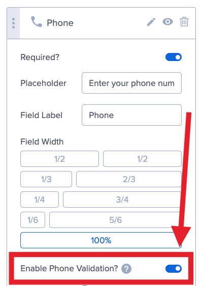 Phone field validation limits the field to accept only specific characters.