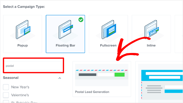 Screenshot showing how to select the "postal lead generation" floating bar template.
