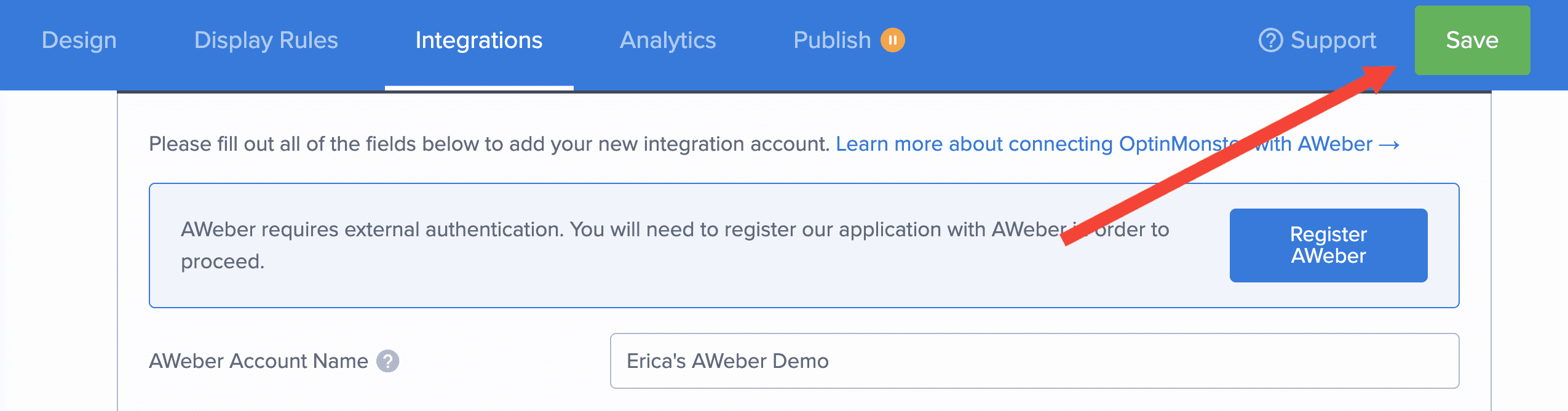 save aweber integration - optinmonster