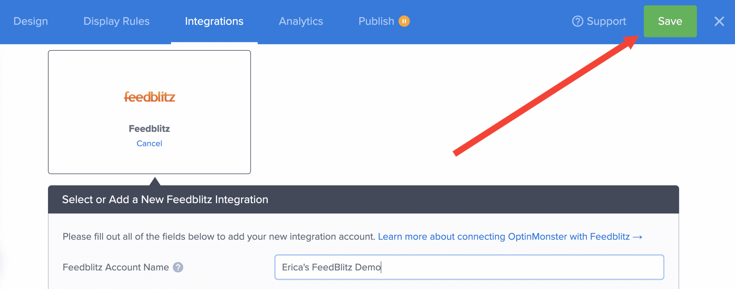 save campaign feedblitz integration - optinmonster