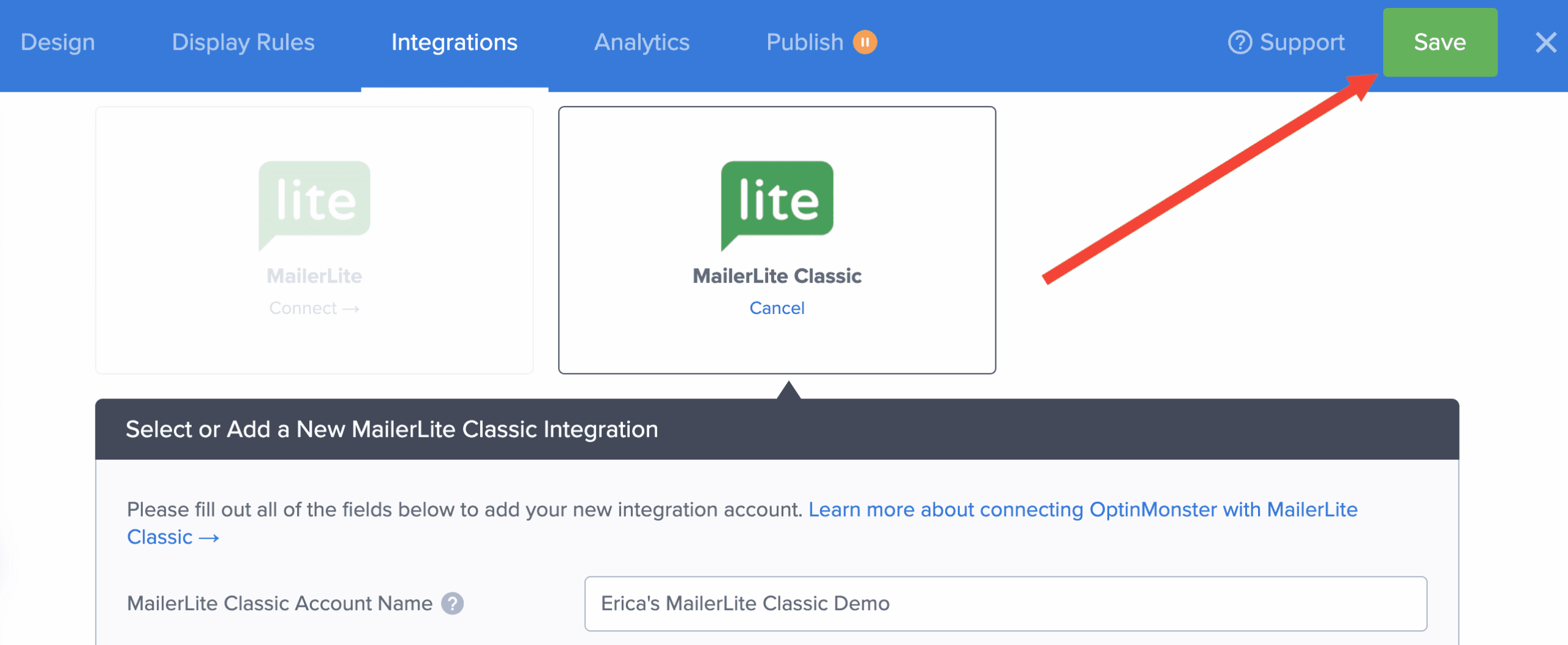 save campaign mailerlite classic integration - optinmonster