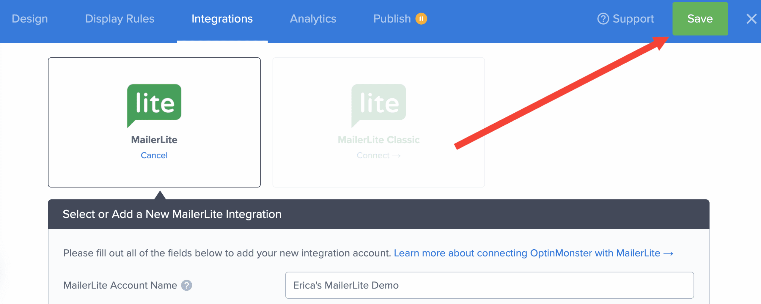save campaign mailerlite integration - optinmonster