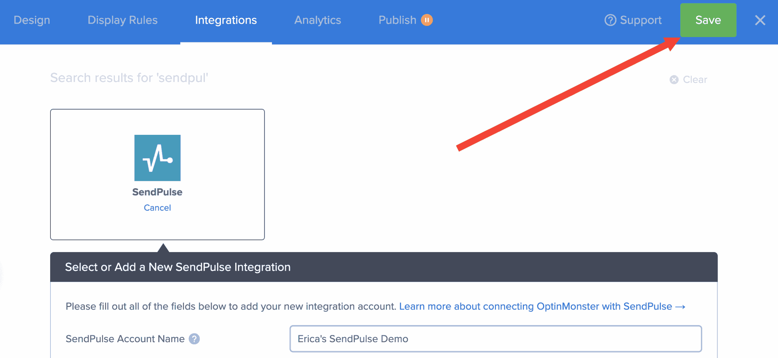 save campaign sendpulse integration - optinmonster