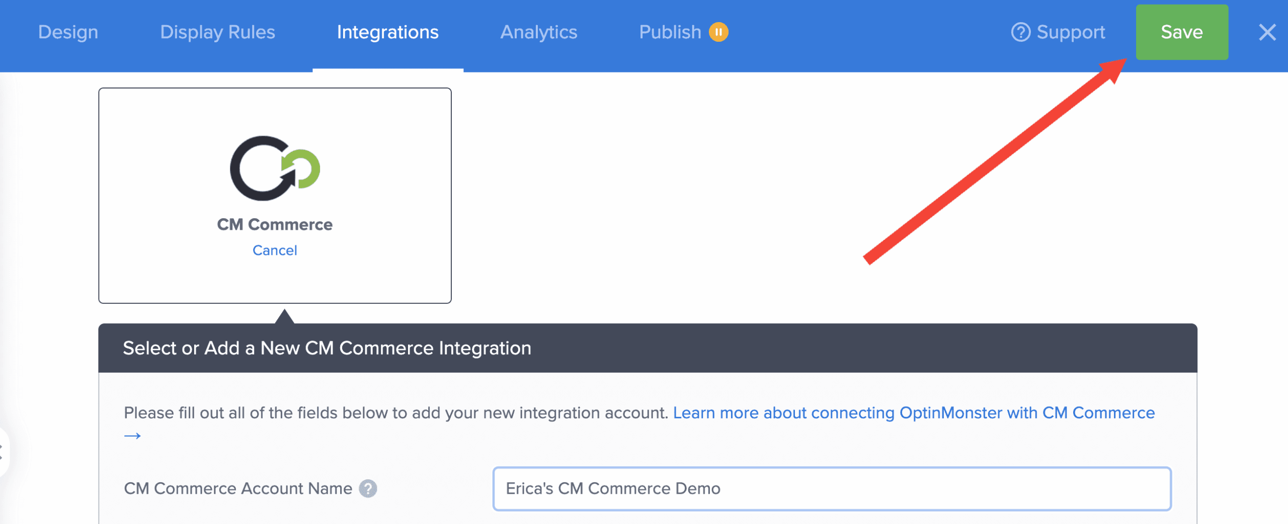 save cm commerce intergation - optinmonster