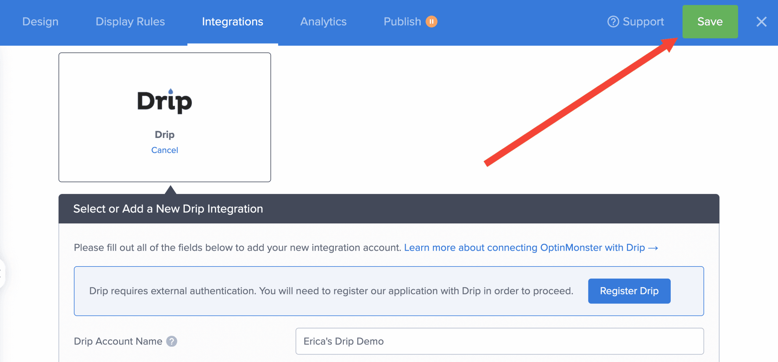 save drip integration - optinmonster