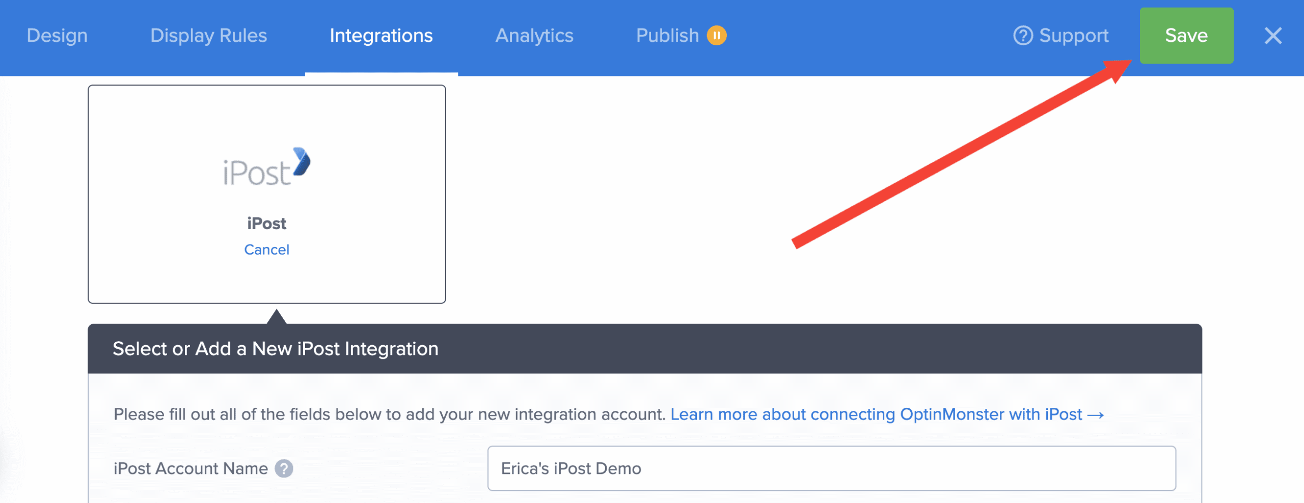 save ipost integration - optinmonster