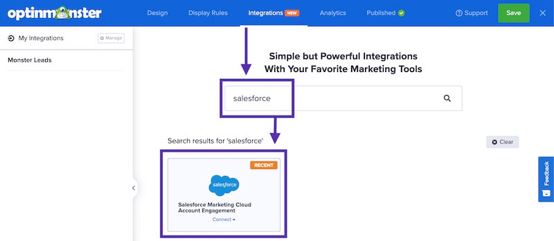 Select Salesforce Marketing Cloud Account Engagement from the Integrations list in OptinMonster.