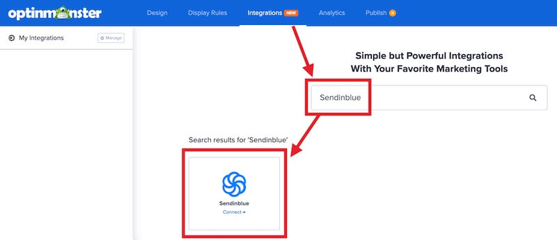 Select Sendinblue to integrate with OptinMonster.