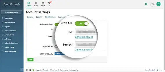 Copy the SendPulse API credentials.