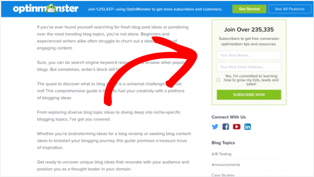 Example of an email signup form in OptinMonster's blog sidebar