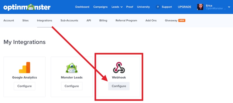 Configure Webhook integrations for your OptinMonster account.