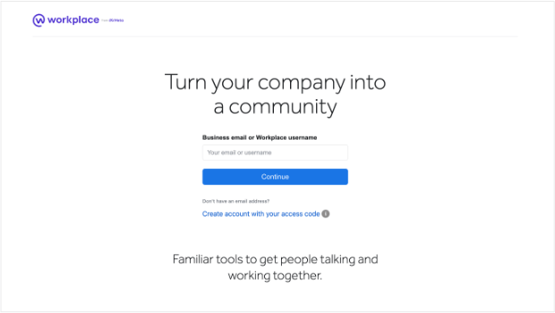 Email signup landing page from Workplace by Meta. The main headline is "Turn your company into a community.