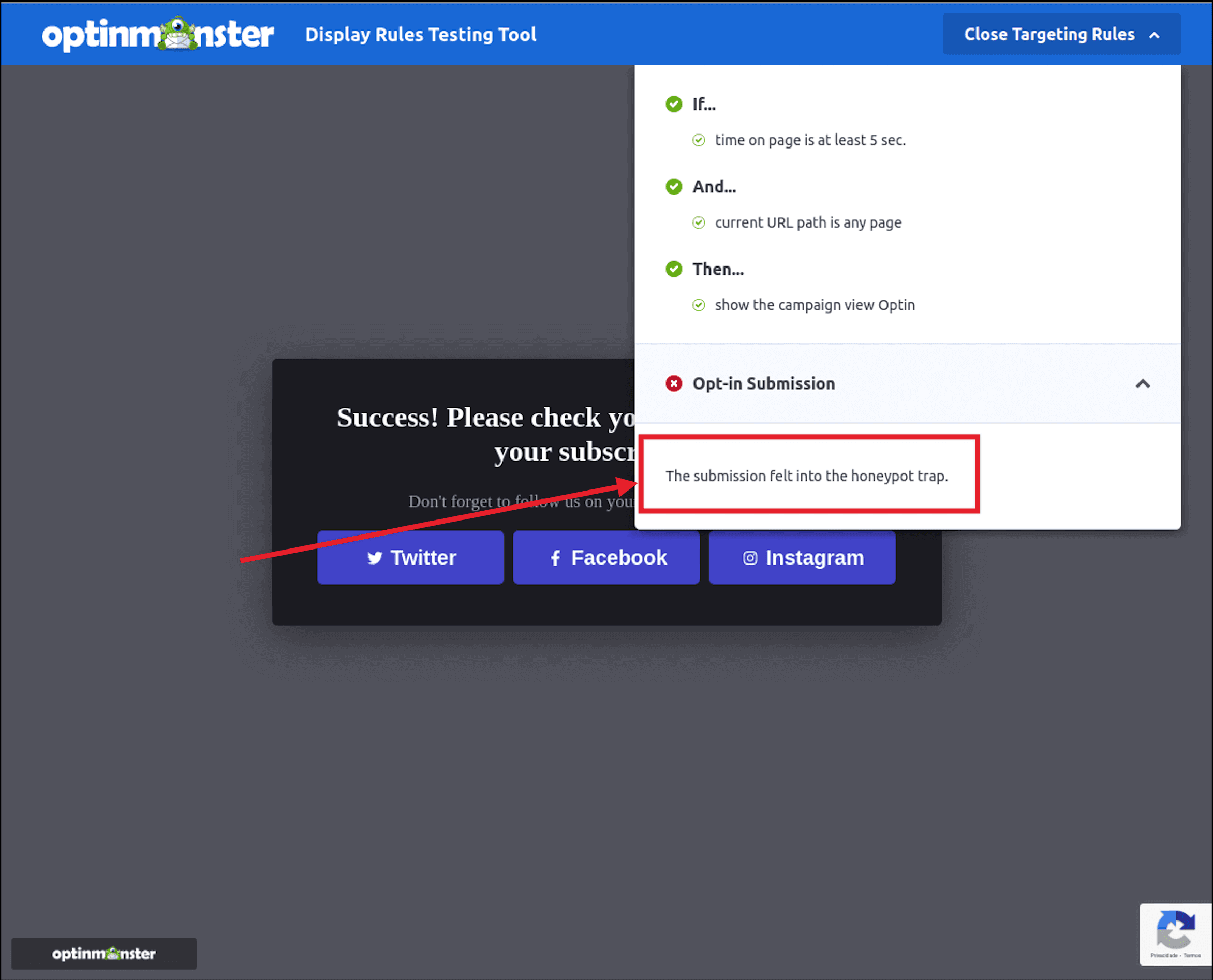 Display Rules Testing Tool Screen with Honeypot Validation