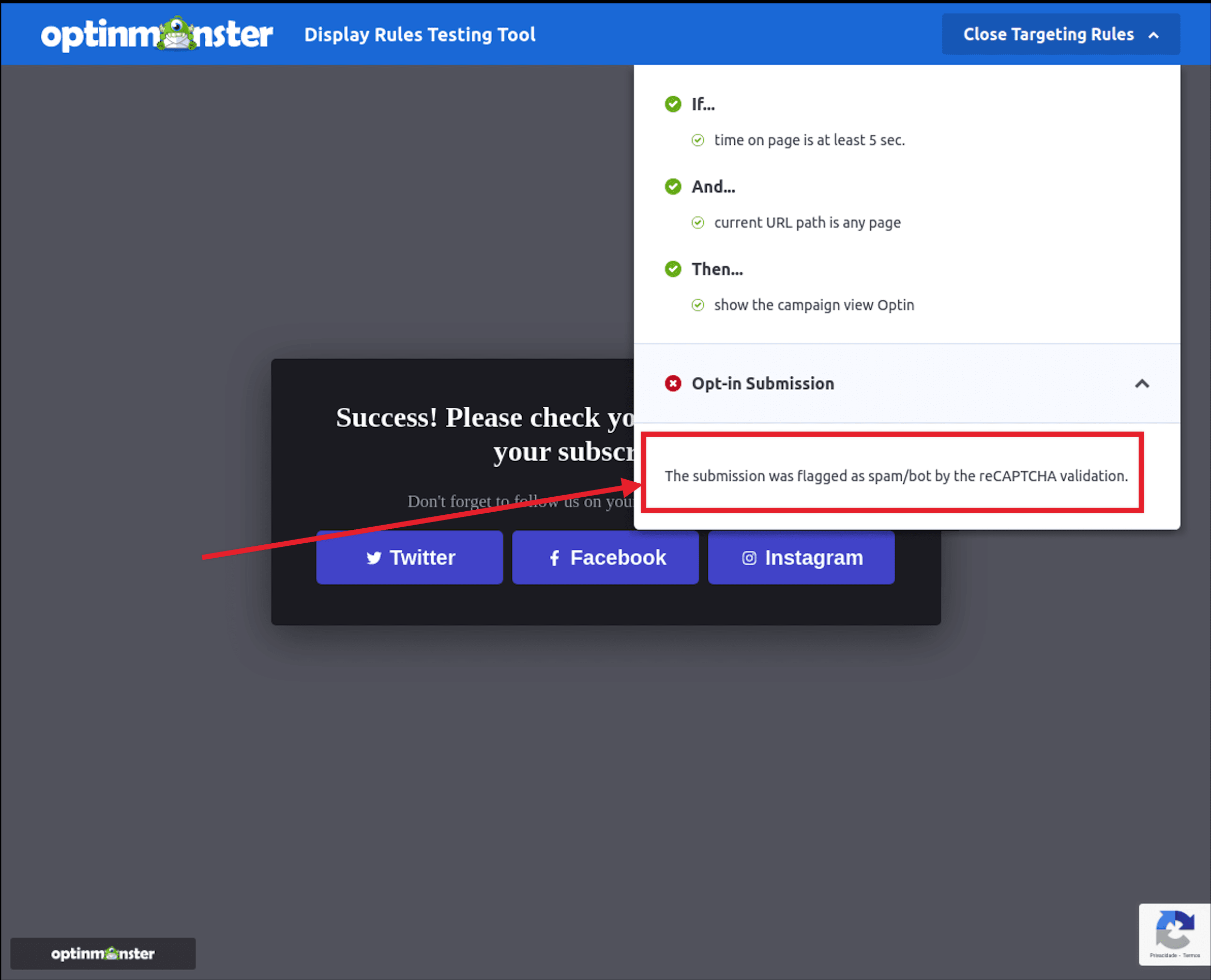 Display Rules Testing Tool Screen with reCAPTCHA Validation