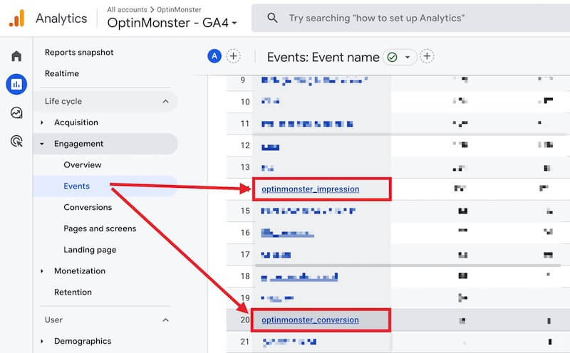 OptinMonster campaign events in Google Analytics.