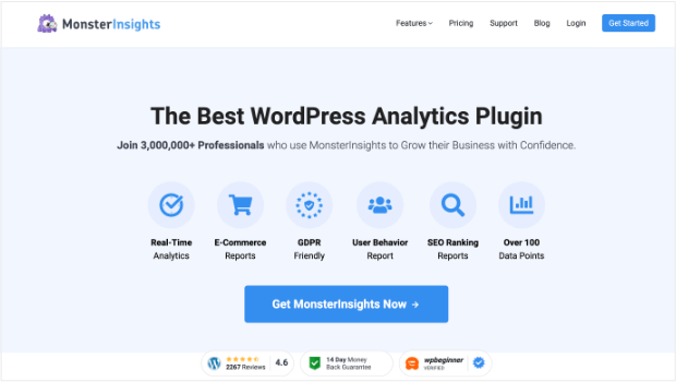 Home page of Monster Insights, the best WordPress. Analytics Plugin. It can help you make more money with affiliate marketing.