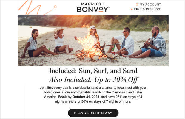 Promotional email from Marriott Bonvoy. It features a photo of people on the beach, a message about getting 30% off, and a CTA button that says "Plan Your Getaway."