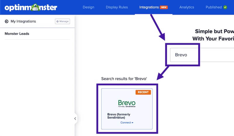 Search for and select Brevo from the OptinMonster Integrations page.