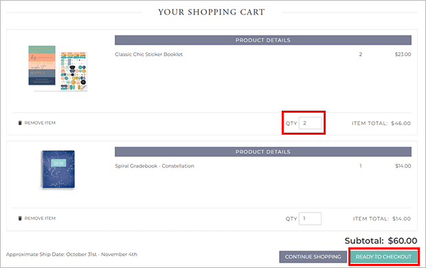 sample cart page