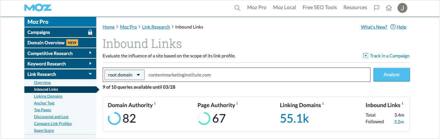 Screenshot of Moz's Link Explorer Dashboard, which shows the site's domain authority score.
