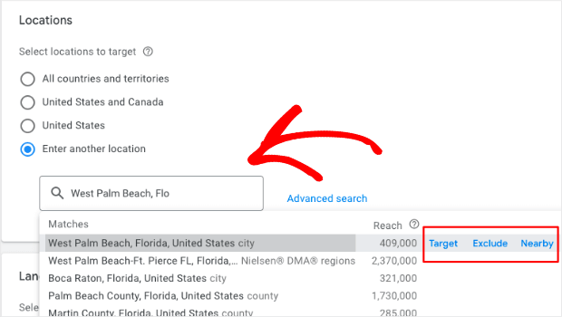 "Enter another location" search box for geotargeting Google Ads