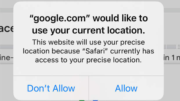 Mobile popup sayinag "google.com would like to use your current location" with "Don't Allow" and "Allow" buttons