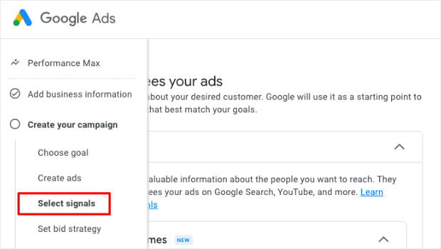 "Select Signals" option while creating Google Ad campaign
