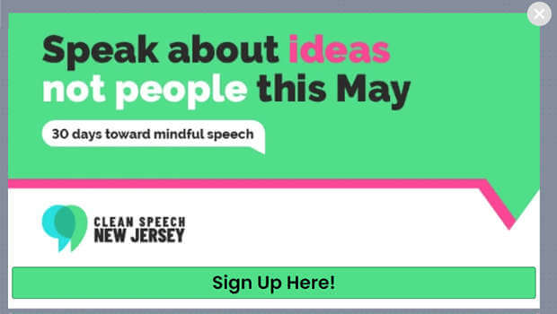Geotargeted popup from Aish.com that says "Speak about ideas not people this May. 30 days toward mindful speech. Clean Speech New Jersey. Sign Up Here!"