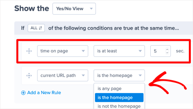 "Time on page" and "current URL path" are condition options for your floating bar.