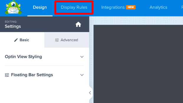 The "Display Rules" tab is in the top navigation bar of the campaign builder.