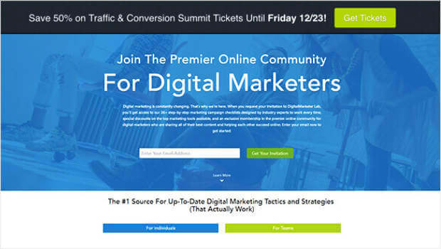A website with a floating bar that says "Save 50% on Traffic & Conversion Summit Tickets Until Friday 12/23." It also has a CTA button saying "Get Tickets."