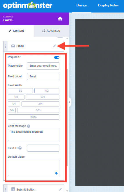 Field options via the content tab