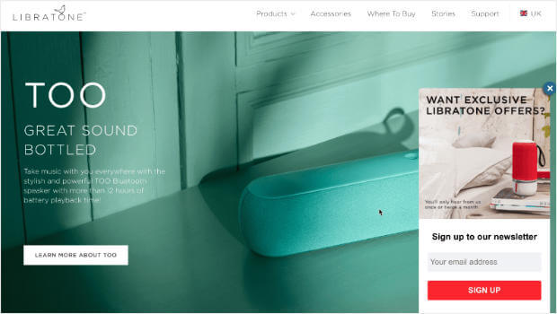 Slide-in popup on Libratone's website, geotargeted to display in the user's language