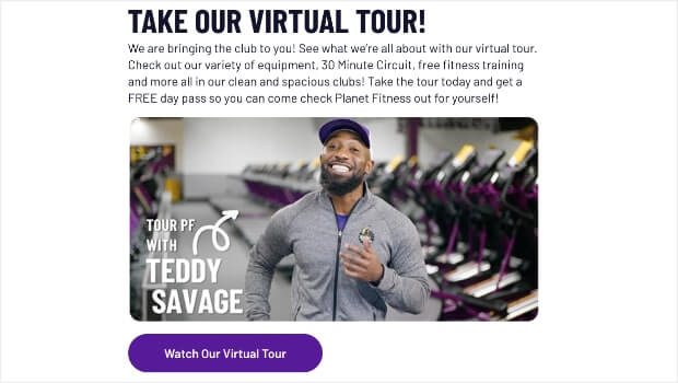 A welcome series email that says "Take Our Virtual Tour." The text describes a virtual tour of the gym facility. There is a photo of the tour guide, and a CTA button to watch the virtual tour video.