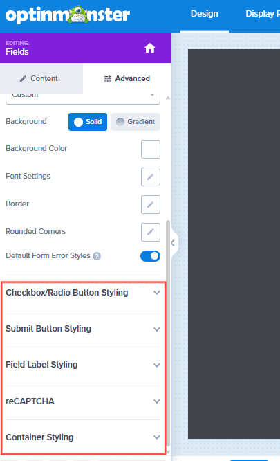 Access styling options for Submit button, Radio/Checkboxes, Container styling and reCaptcha options