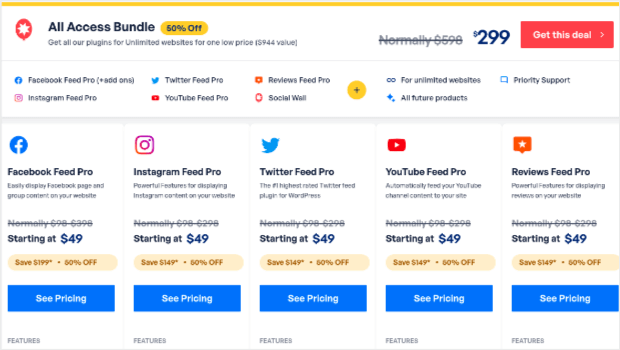 Smash Balloon pricing page. The All-Access Bundle has a discounted price of 9 per year. Each individual plugin has a discounted price starting at  a year.