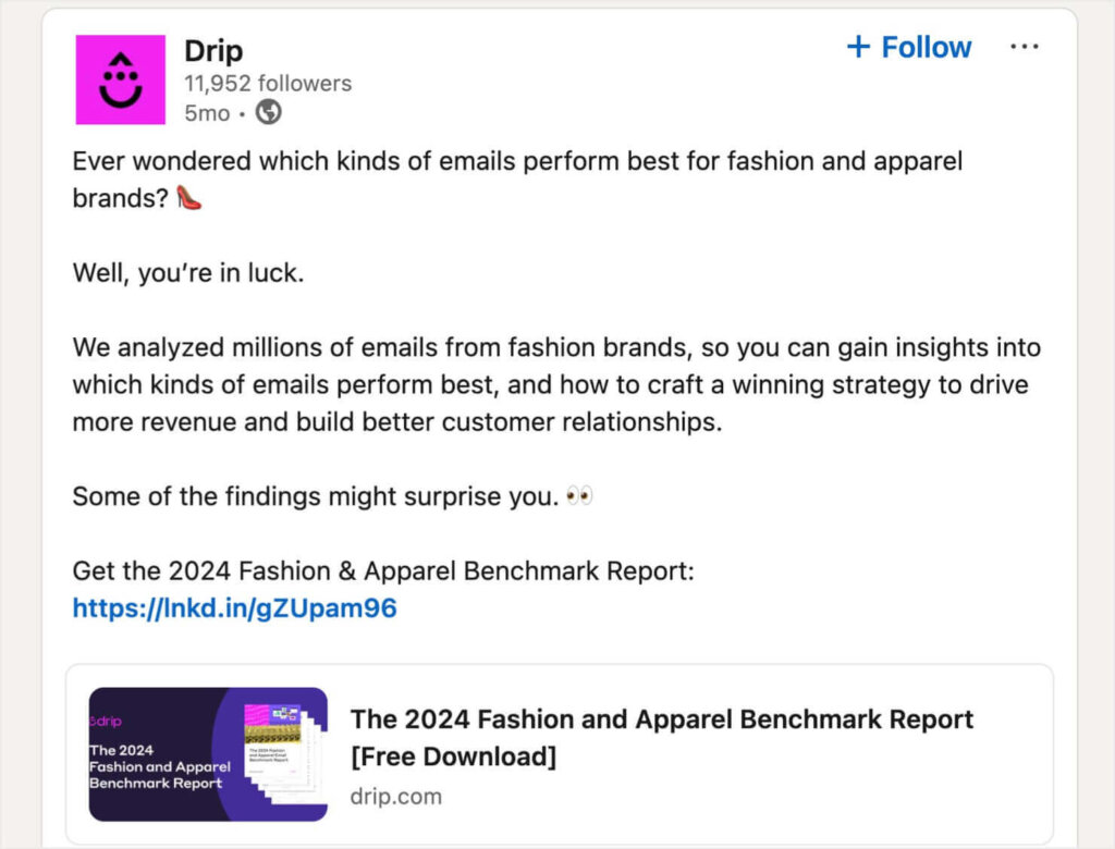 A post from Drip's LinkedIn company page that offers a free "2024 Fashion and Apparel Benchmark Report" download. 