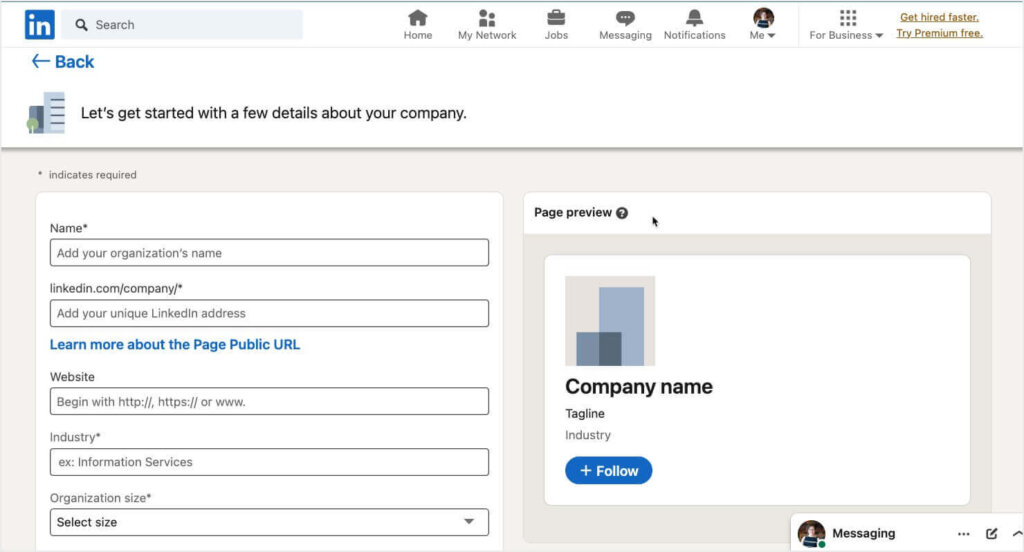 Form for creating a LinkedIn business page. Fields include Name, LinkedIn URL, website, industry, organization size, and more.