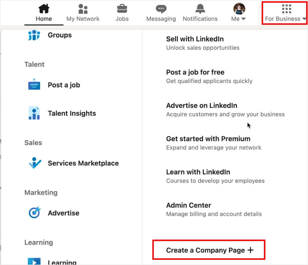 LinkedIn page with "For Business" in the top menu selected. At the bottom of the expanded box, there's a link for "Create a Company Page."